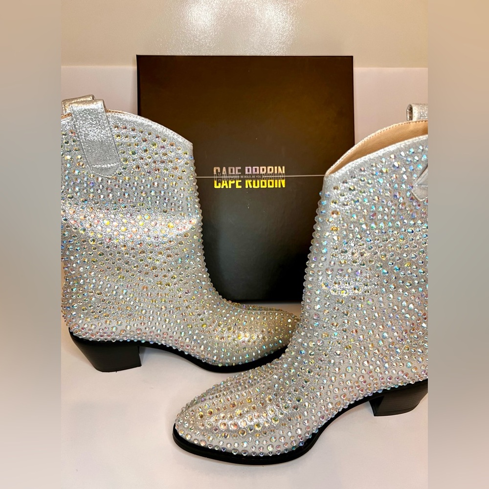 Iridescent Rhinestone Silver Ankle Booties - Western Boho Cowgirl Style Colorful